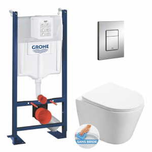 Grohe Pack WC Bâti autoportant + WC Swiss Aqua Technologies Infinitio sans bride + Plaque chrome (ProjectInfinitio-1)